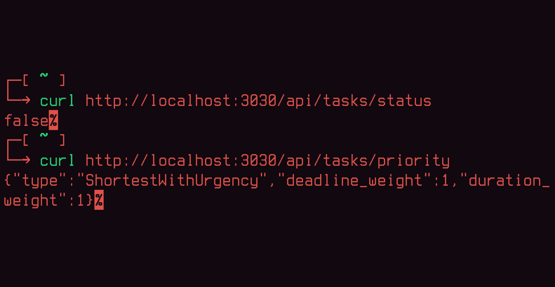 Output of 'curl' command accessing the 'tasksd' server