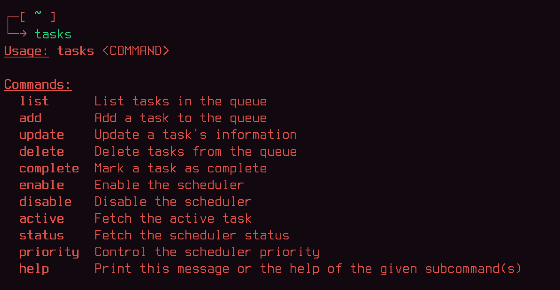 Usage information for the Task Scheduler cli client
